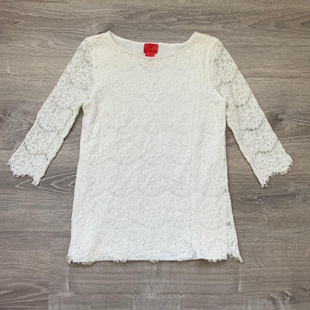 V CRISTINA Cream Scalloped Lace Top